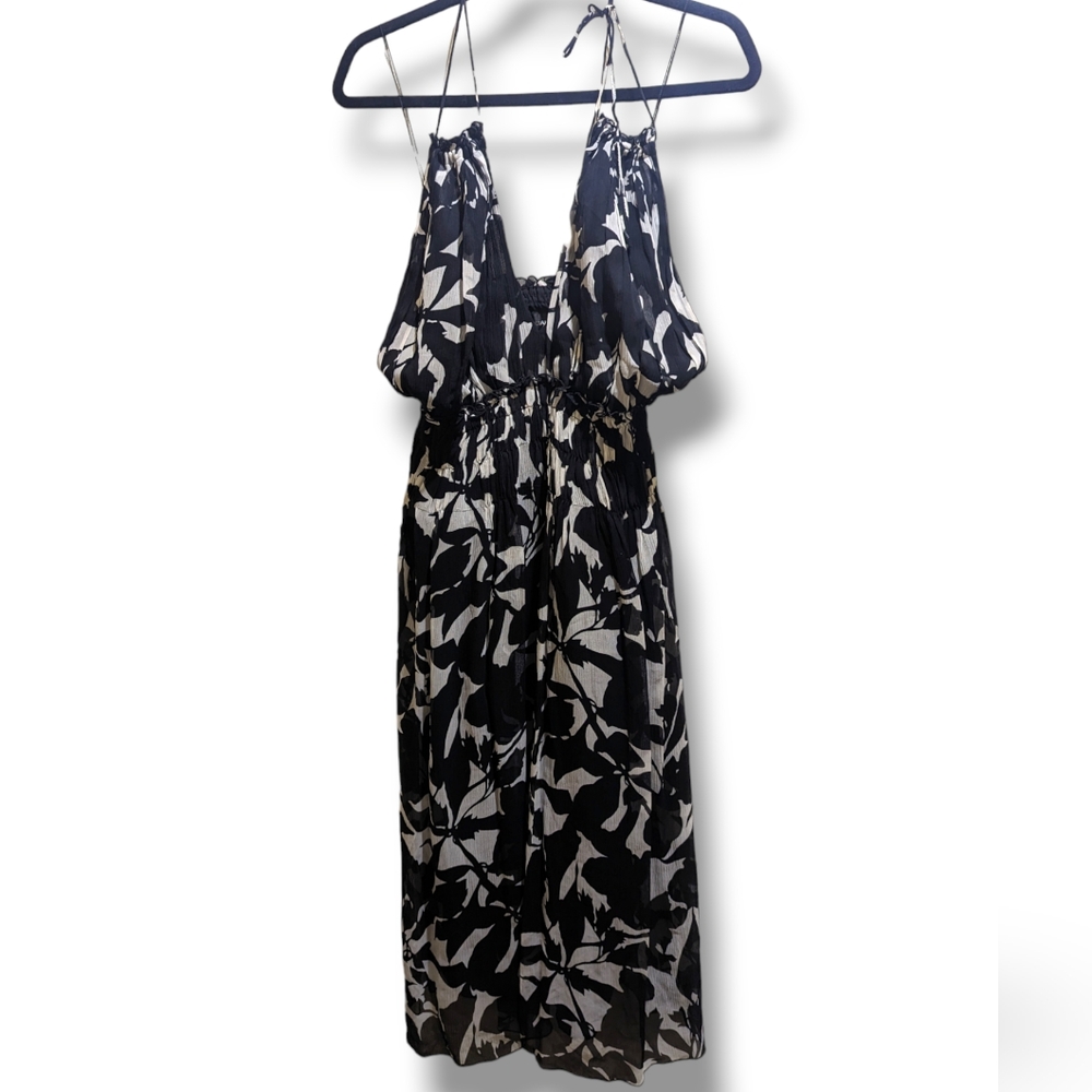 Donna Morgan Black & White Print 100% Silk Halter Tie Midi Dress Y2K A-Line- 14